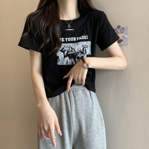 High-Waisted Midriff-Baring Retro American-Style Short-Sleeve T-Shirt