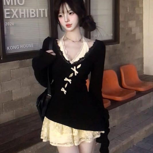 Womens Elegant Knitted Blouse And Lace Dress Two-Piece Set