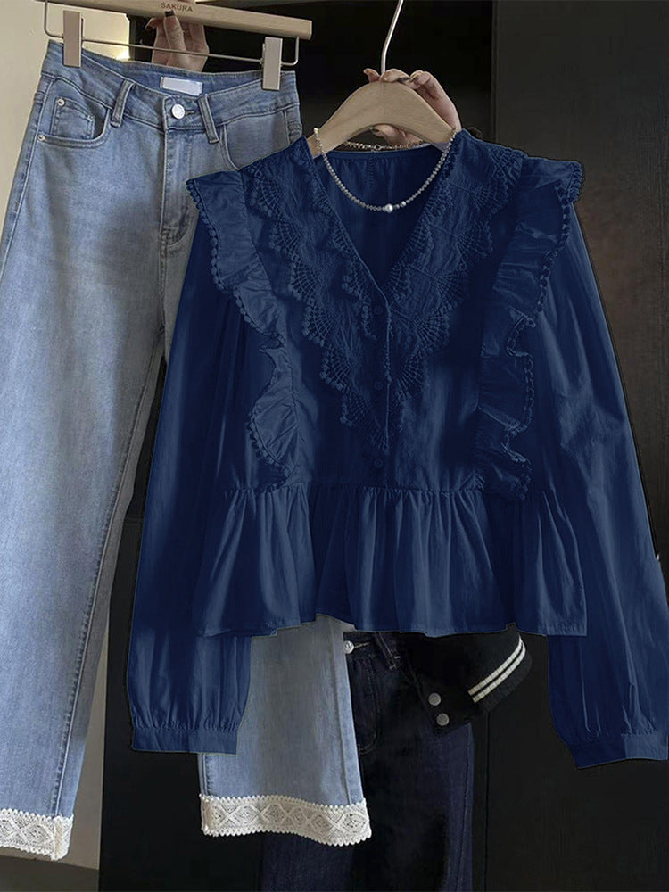 Womens Casual Solid-Color Lace-Patchwork Ruffle-Trim Long-Sleeve Top