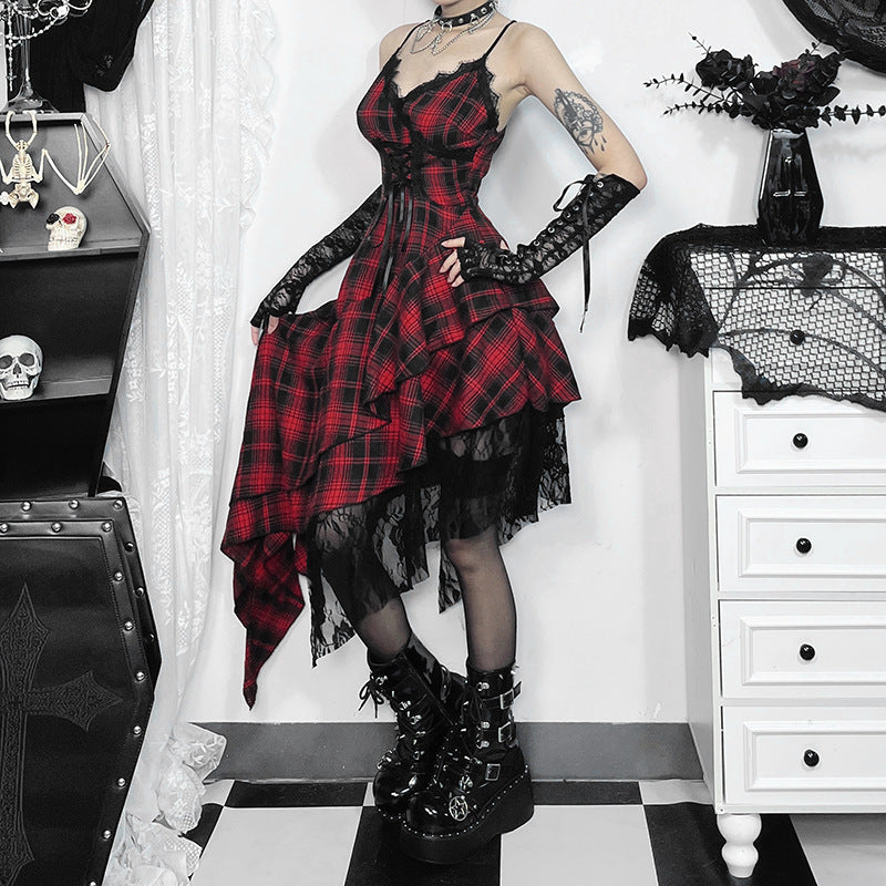 Lace-up Dark-colored Irregular Patchwork Hem Plaid Dress