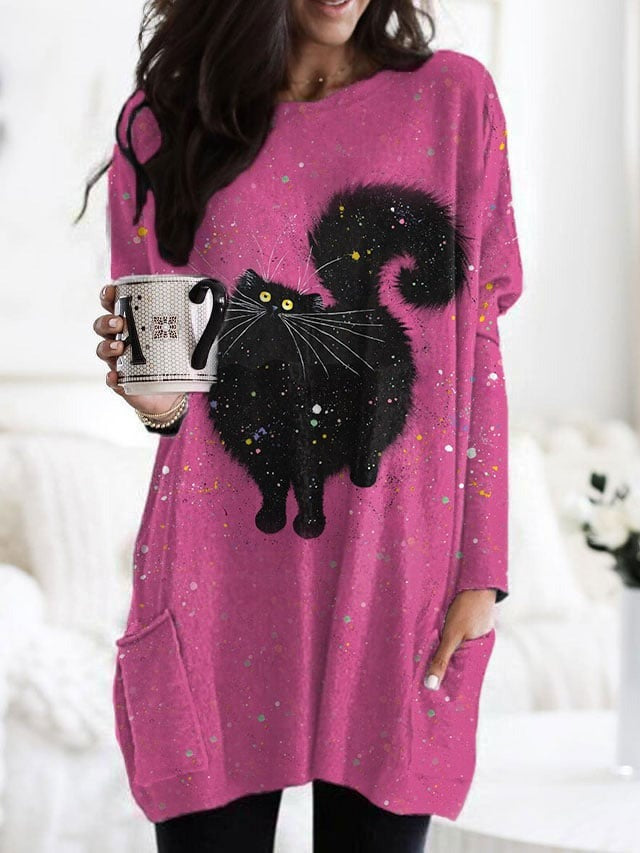 Printed Round Neck Long Sleeve Women's Bag Hip Dress