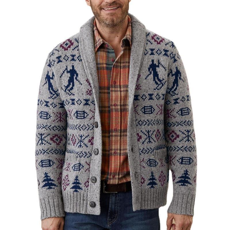 Men's Lapel Long Sleeve Jacquard Casual Sweater Coat