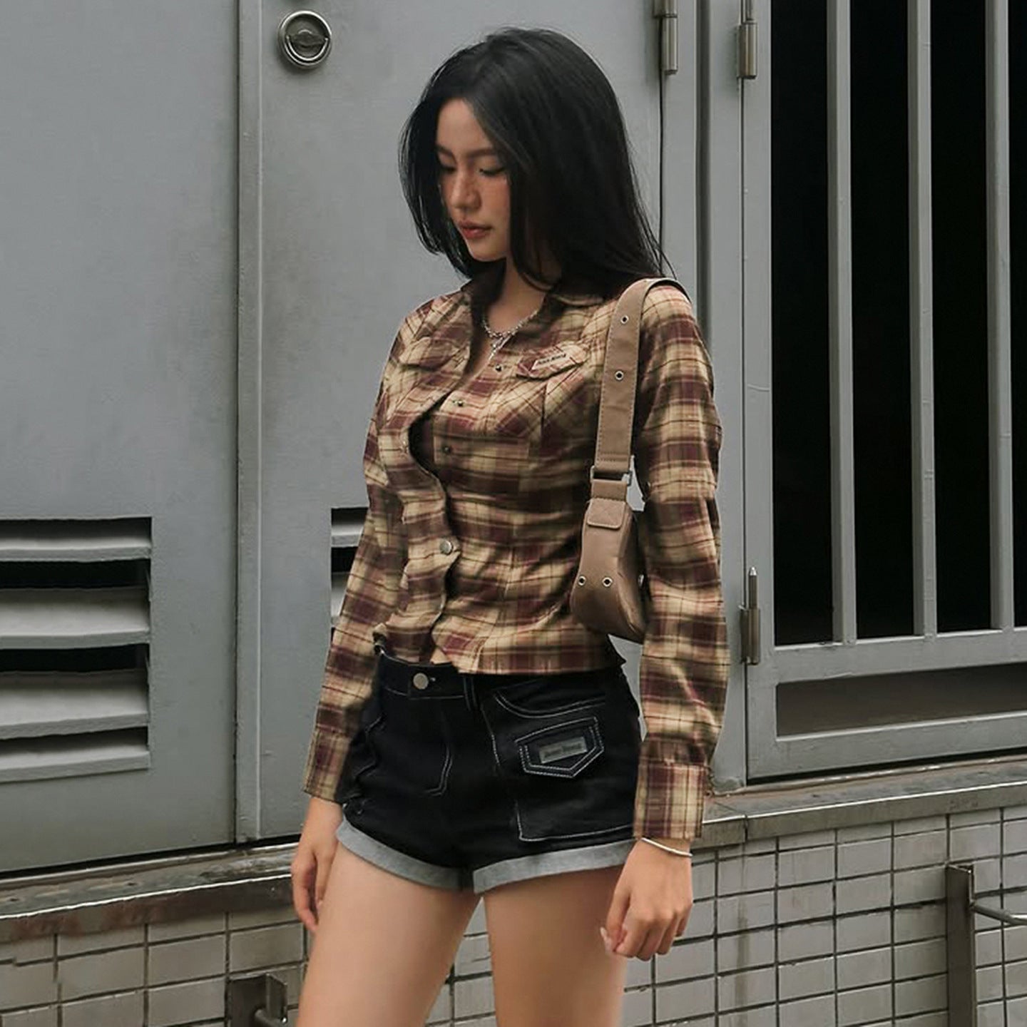 Color-contrast Check Personalized Fashion Design Pocket Long Sleeve Top