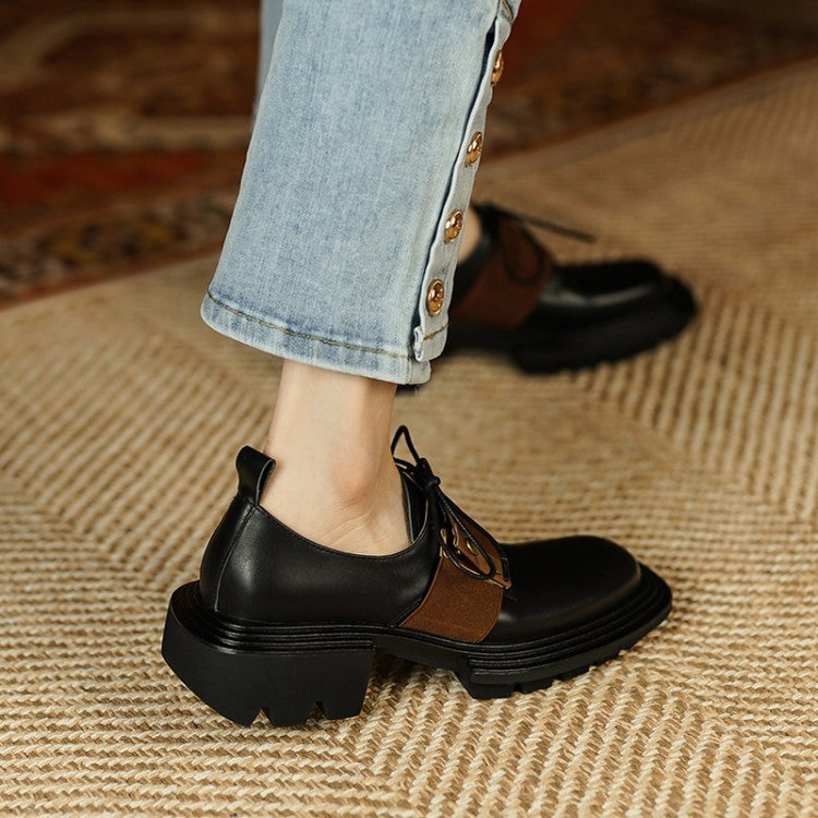 Retro Style Thick Bottom Contrast Color Deep Mouth Small Leather Shoes