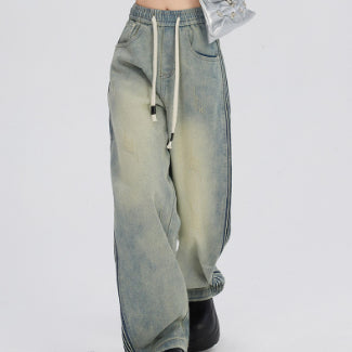 Side Wrinkle Design Elastic Waist Jeans