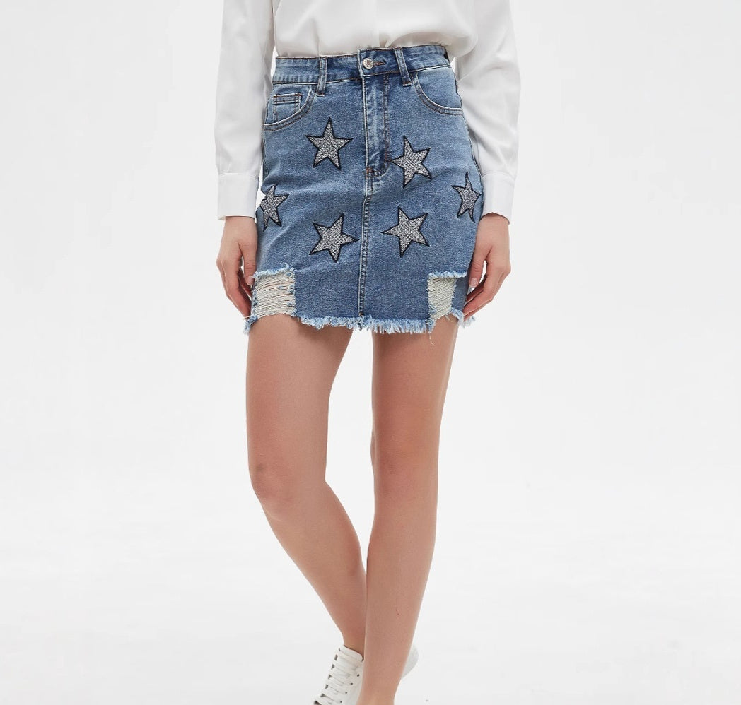 Womens Retro Embroidered Denim Skirt