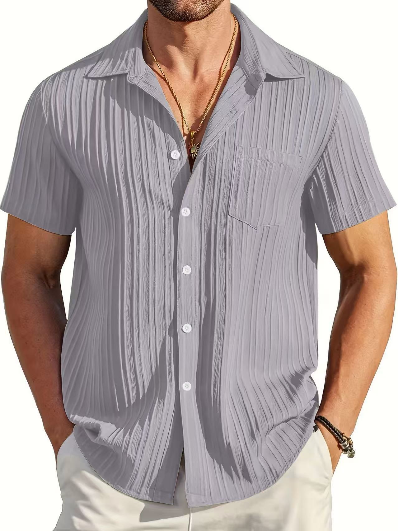 Polo Collar Solid Color Short Sleeve Button Shirt Men's Shirt