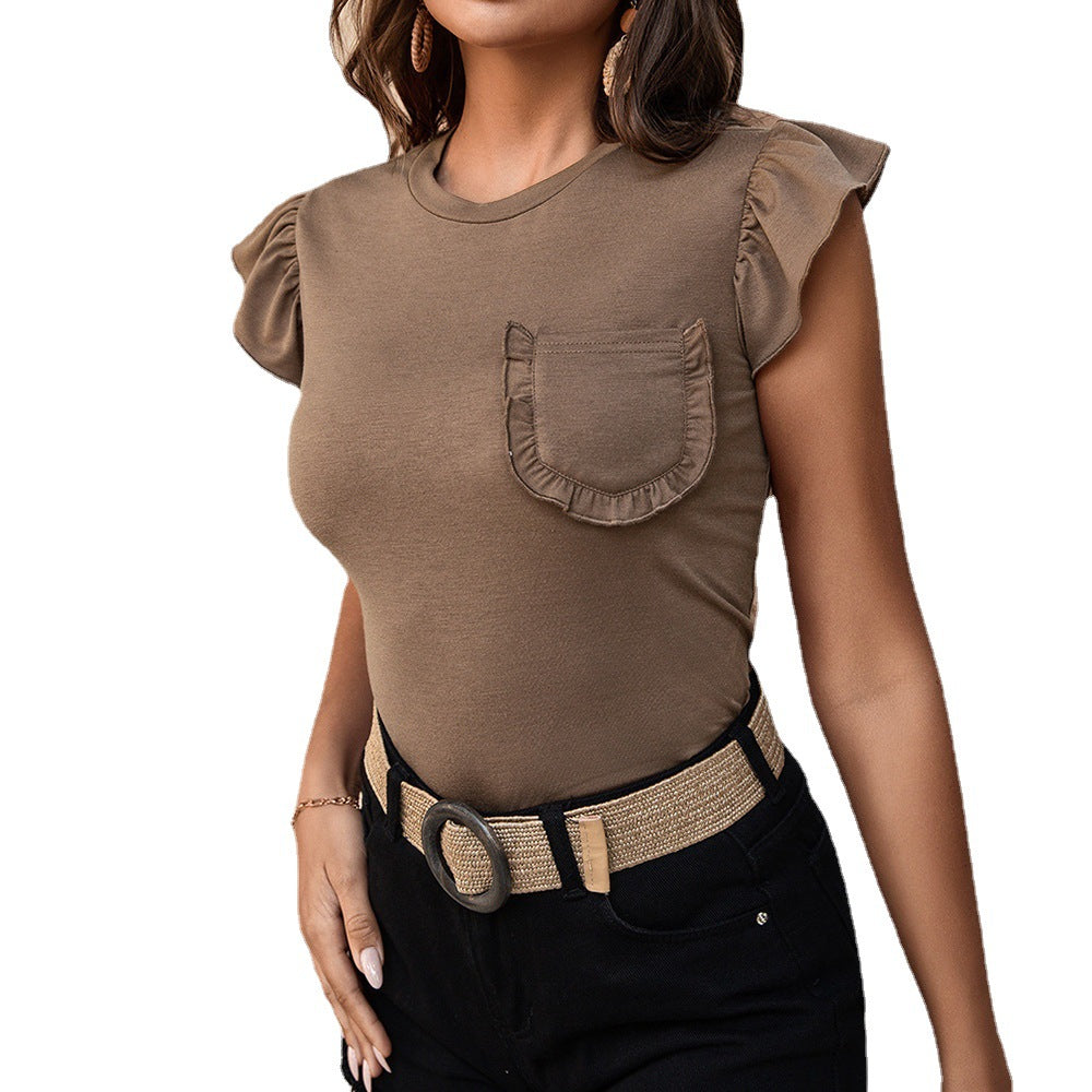 Sleeveless T-shirt With Solid Color Spliced Ear Edge Pocket