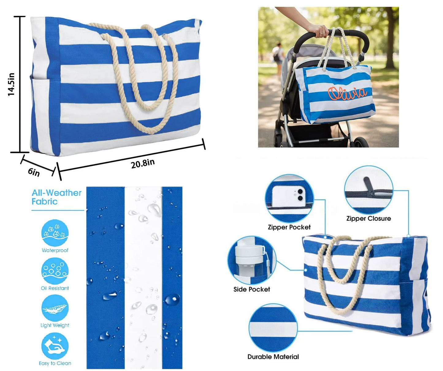 Zippered Beach Tote Bag With Large Capacity For Sand Protection