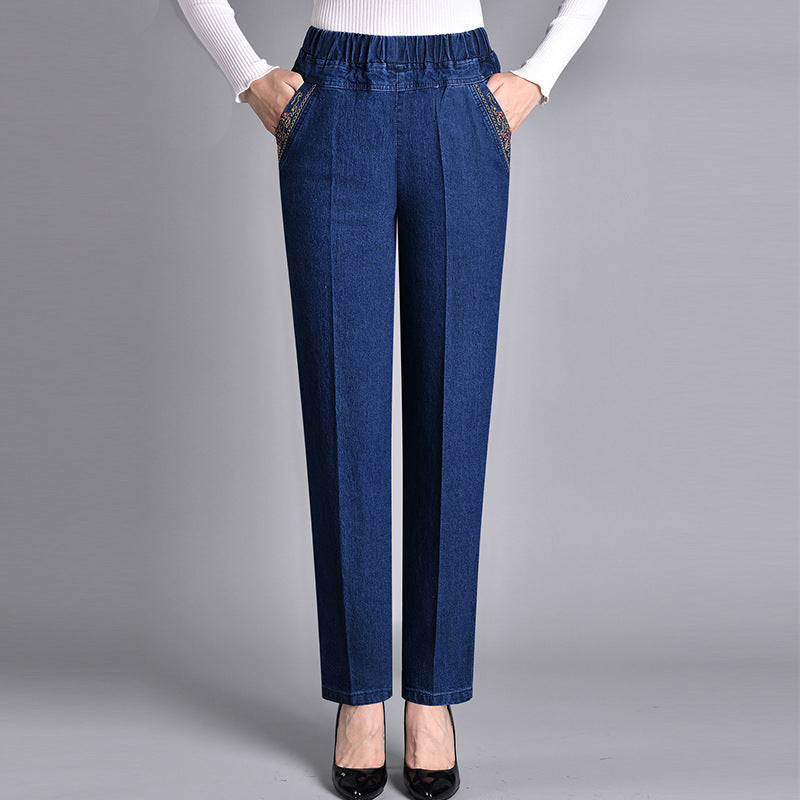 Thin Elastic High Waist Denim Straight-leg Trousers