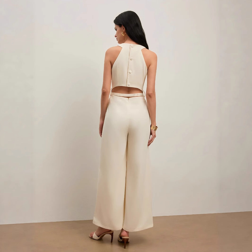 Ensfarvet og V-hals Ærmeløs Fashion Casual Jumpsuit til kvinder