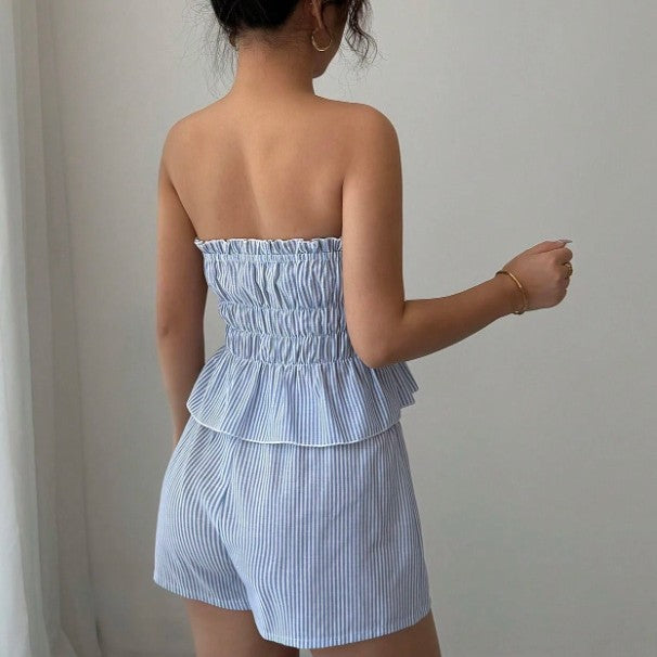 Striped Ruffled Midriff-baring Top Elastic-waist Shorts Two-piece Set