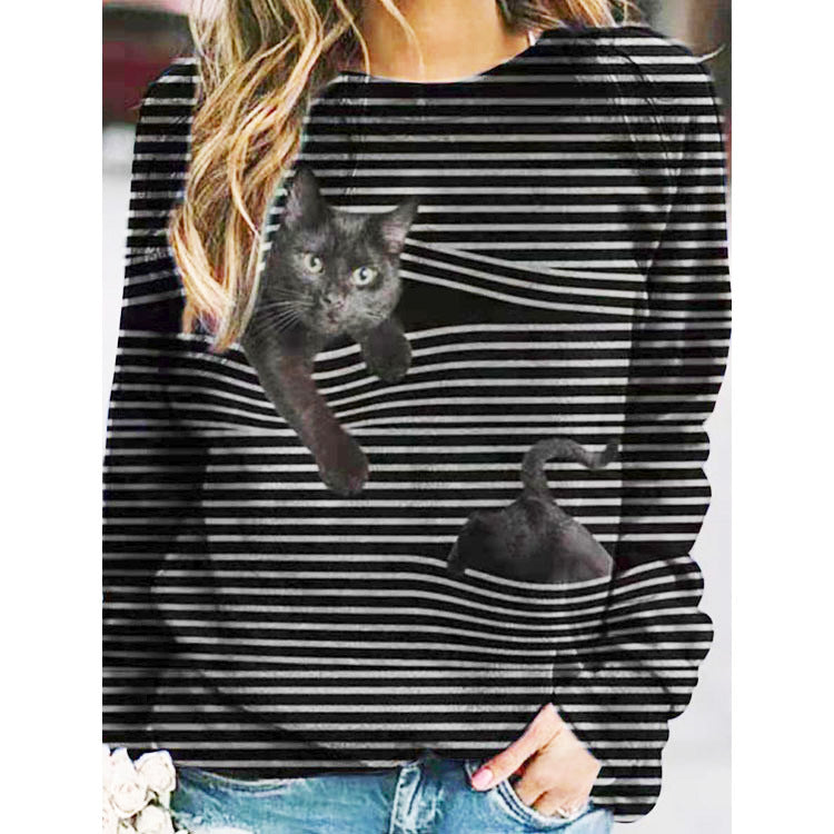 Cartoon Pattern Round Neck Stripe Long Sleeve T-shirt 3D