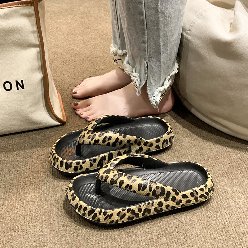 Fiskebensmønstrede tøfler til kvinder – sommer, med klipklap-tå, tyk sål, leopardprint