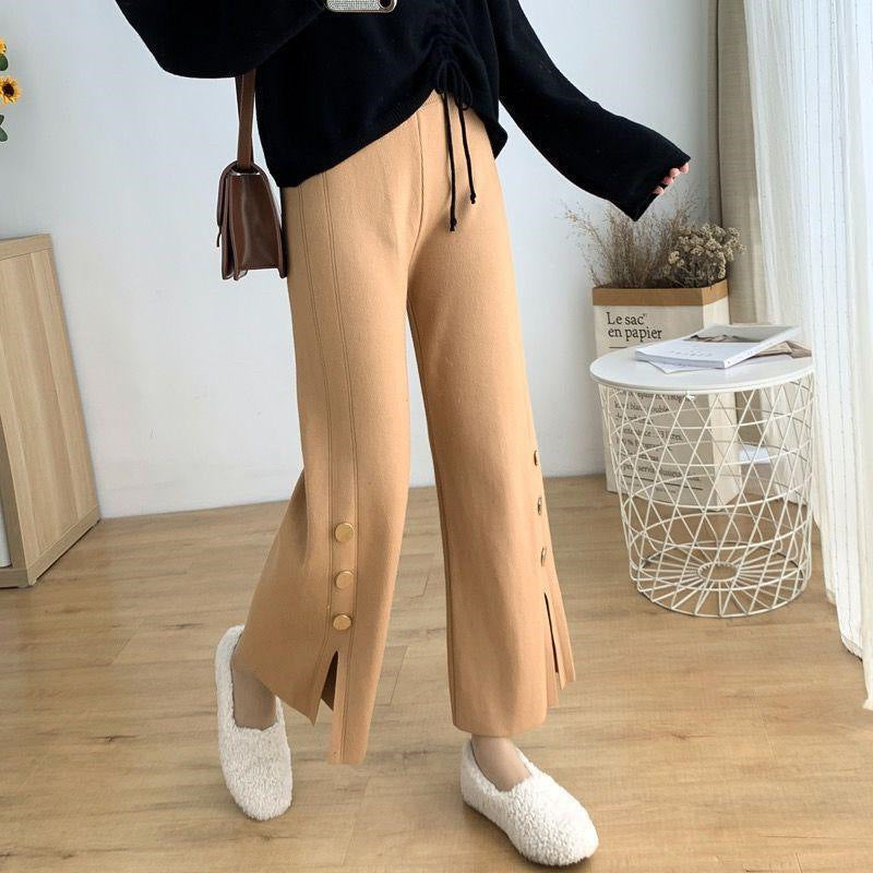 High Waist Design Sense Bootcut Pants Loose Slimming And Wide Leg Slit Knitted Women's Casual Trousers