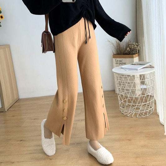 High Waist Design Sense Bootcut Pants Loose Slimming And Wide Leg Slit Knitted Women's Casual Trousers