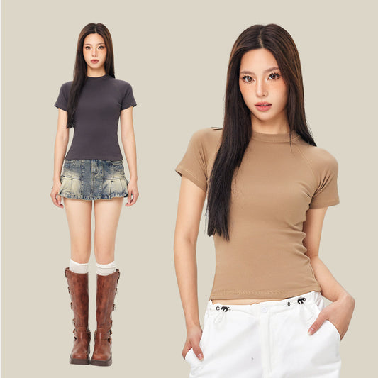 Round Neck Raglan Sleeves T-shirt Female Hot Girl Solid Color Top American Style