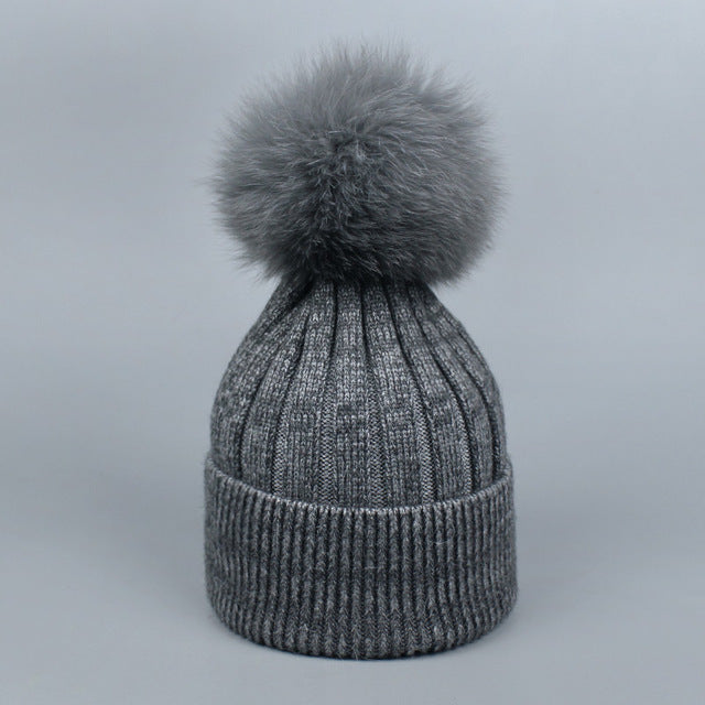 Fox Fur Warm Winter Hat With Ball For Women Child Girl Wool Thick Knitted
