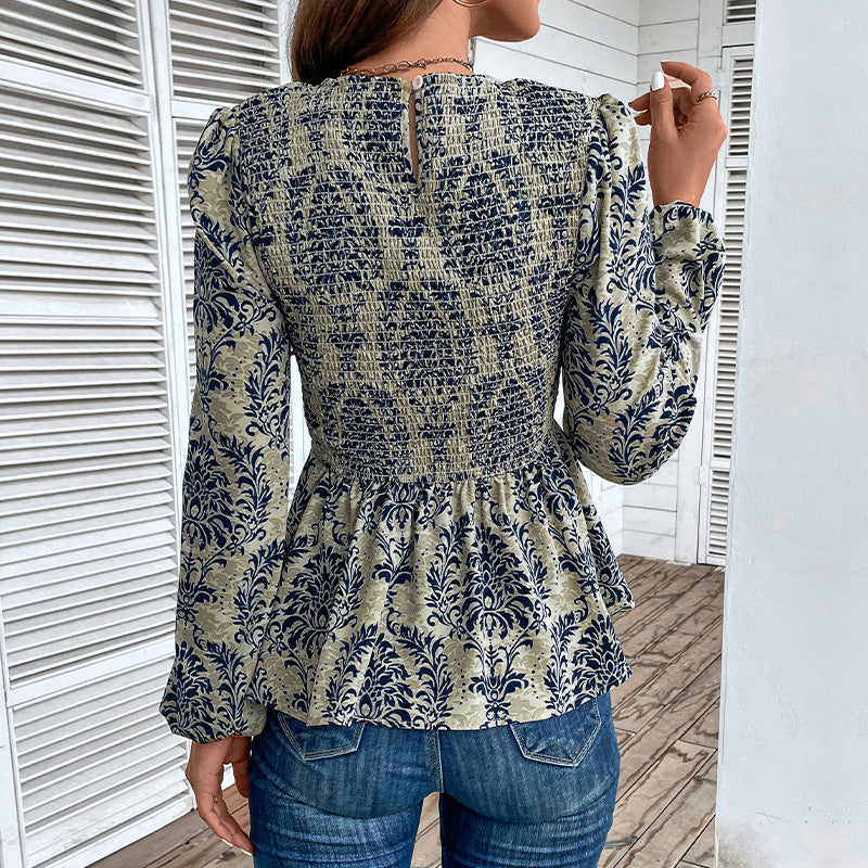 Dame Top Smock Detalje Slim Fit Rund Hals Lange Ærmer Printet