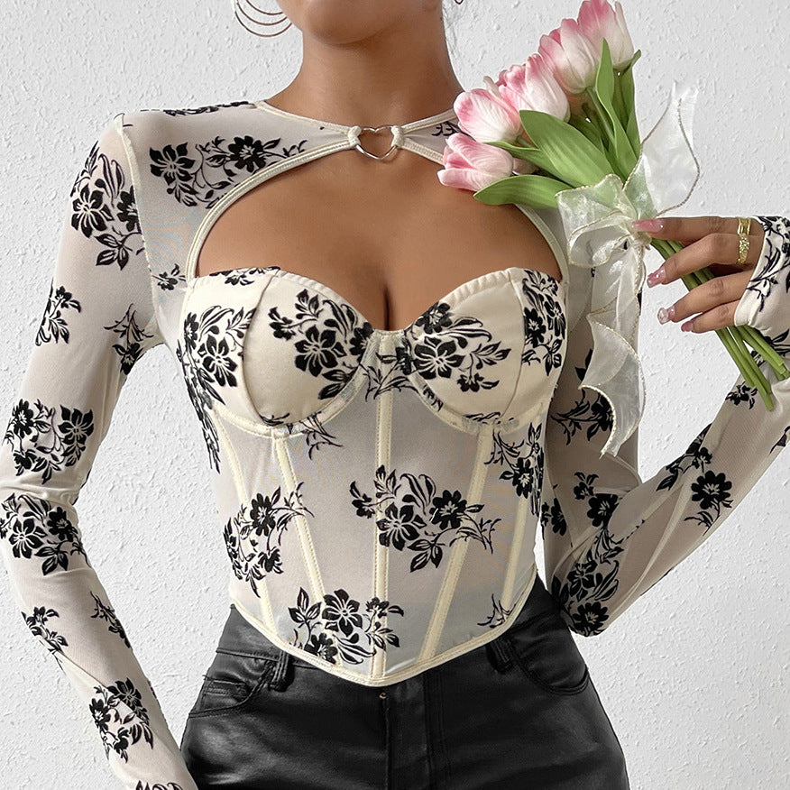 Hot Girl Cutout Sexy Low Cut Long Sleeve Top