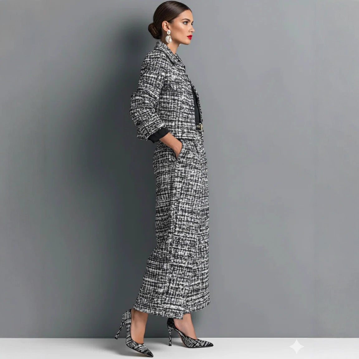 Notched Lapel Slim-fit Women's Long-sleeve Short Top With Wide-leg Pants Set