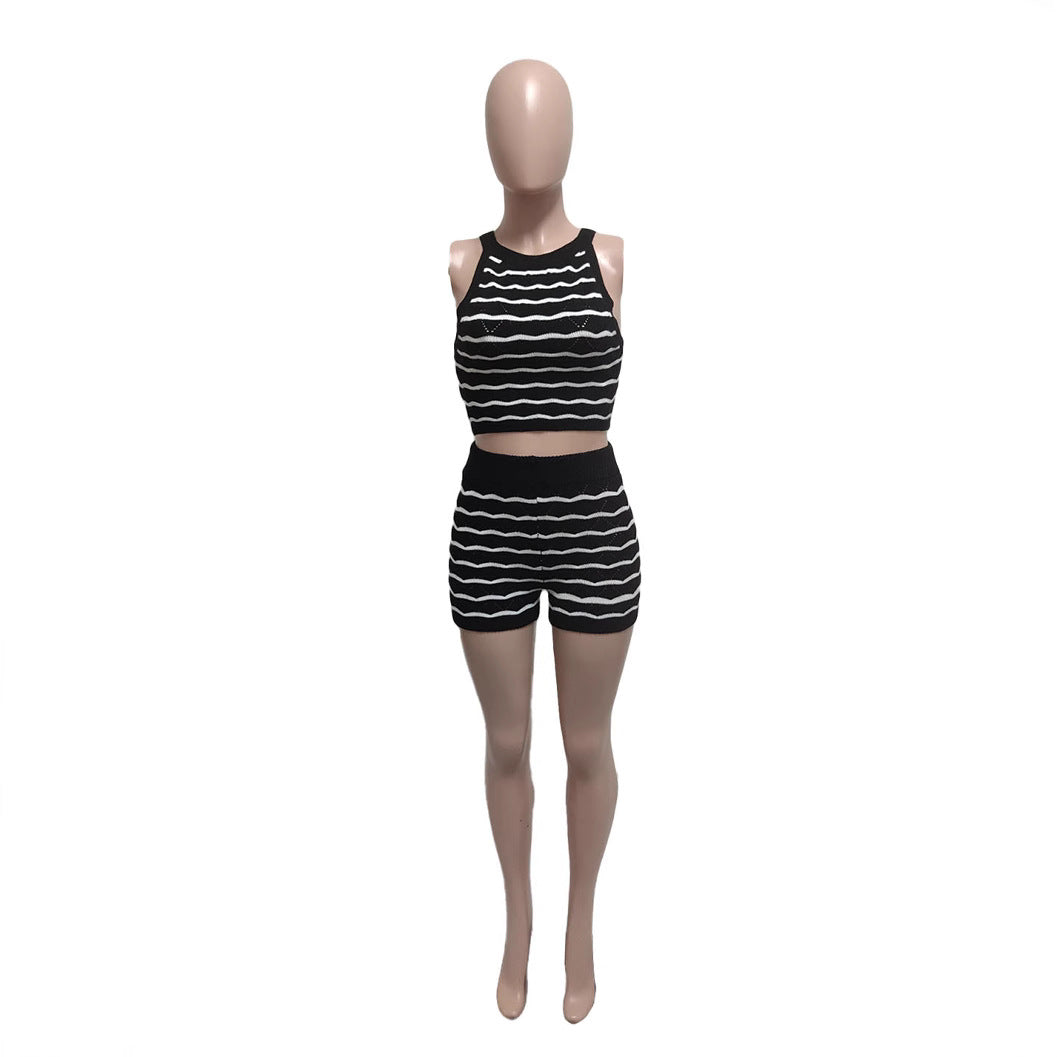 Multicolored Striped Crochet Backless Top And Skirt Set
