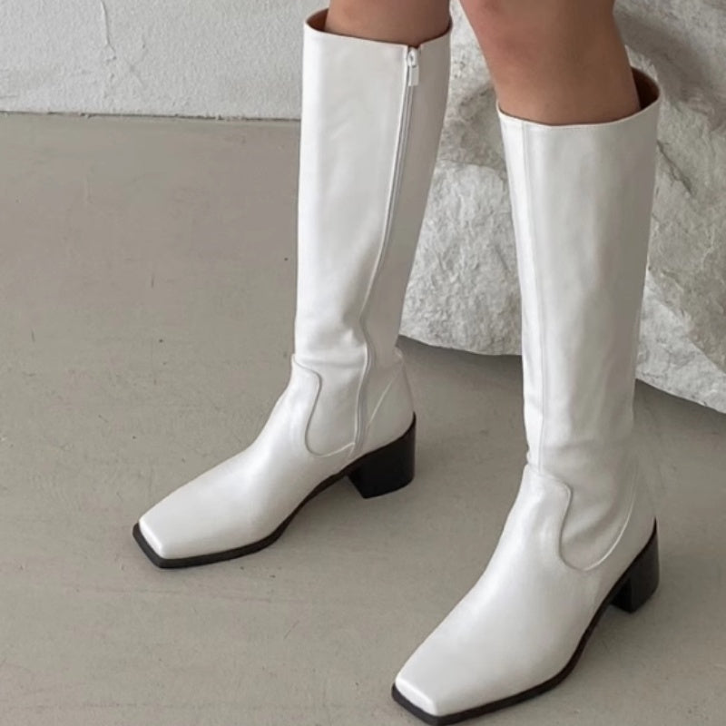 Simple Straight Square Head Below The Knee Long Boots Side Zipper