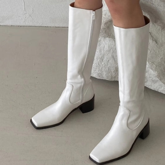 Simple Straight Square Head Below The Knee Long Boots Side Zipper