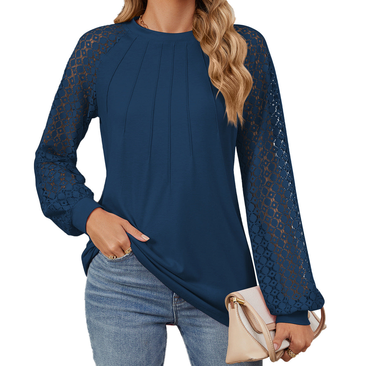 Ny blondelangærmet T-shirt med rund hals, moderigtig løs ensfarvet pullover-top til dametøj