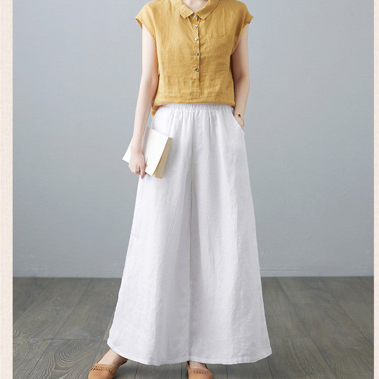 Women's Casual Cotton And Linen Loose High Waist Straight Wide Leg Pants