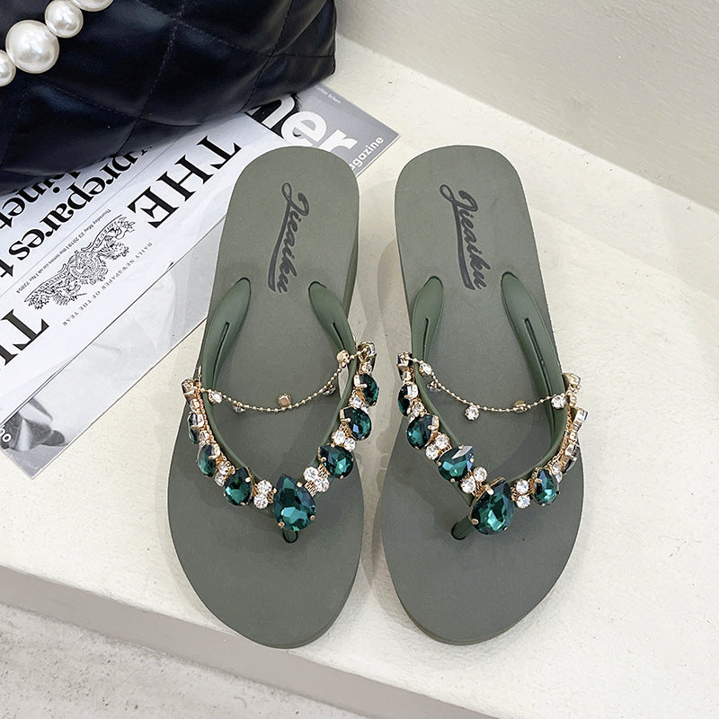 Women's Fashion Casual Rhinestone Chain Thick Bottom Flip-flops