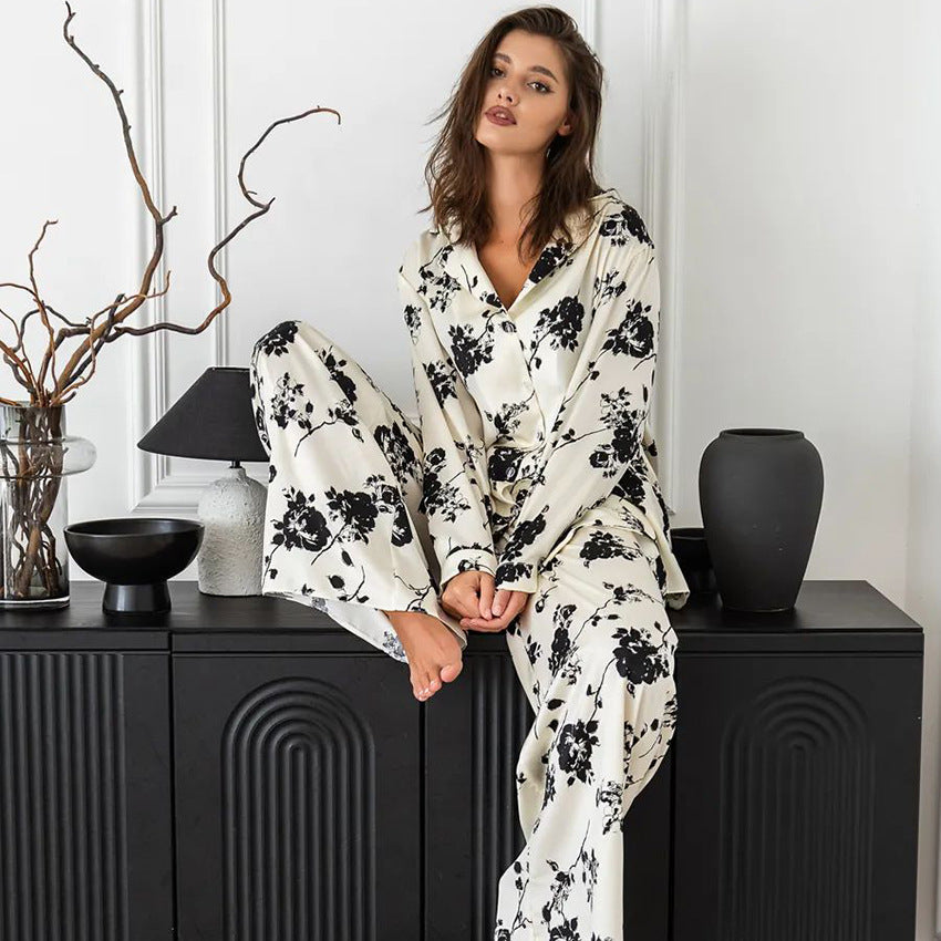 Womens Casual Stylish Autumn Printed Loose-Fit Long-Sleeve Pants Set For Home Wear