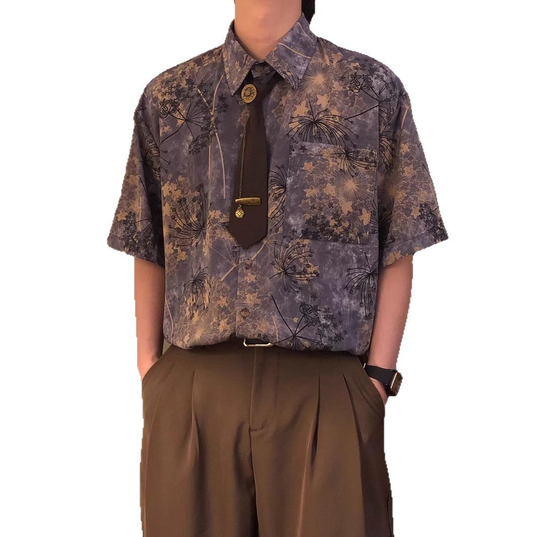 Retro Loose Printed Short-Sleeve Shirt Top Men's
