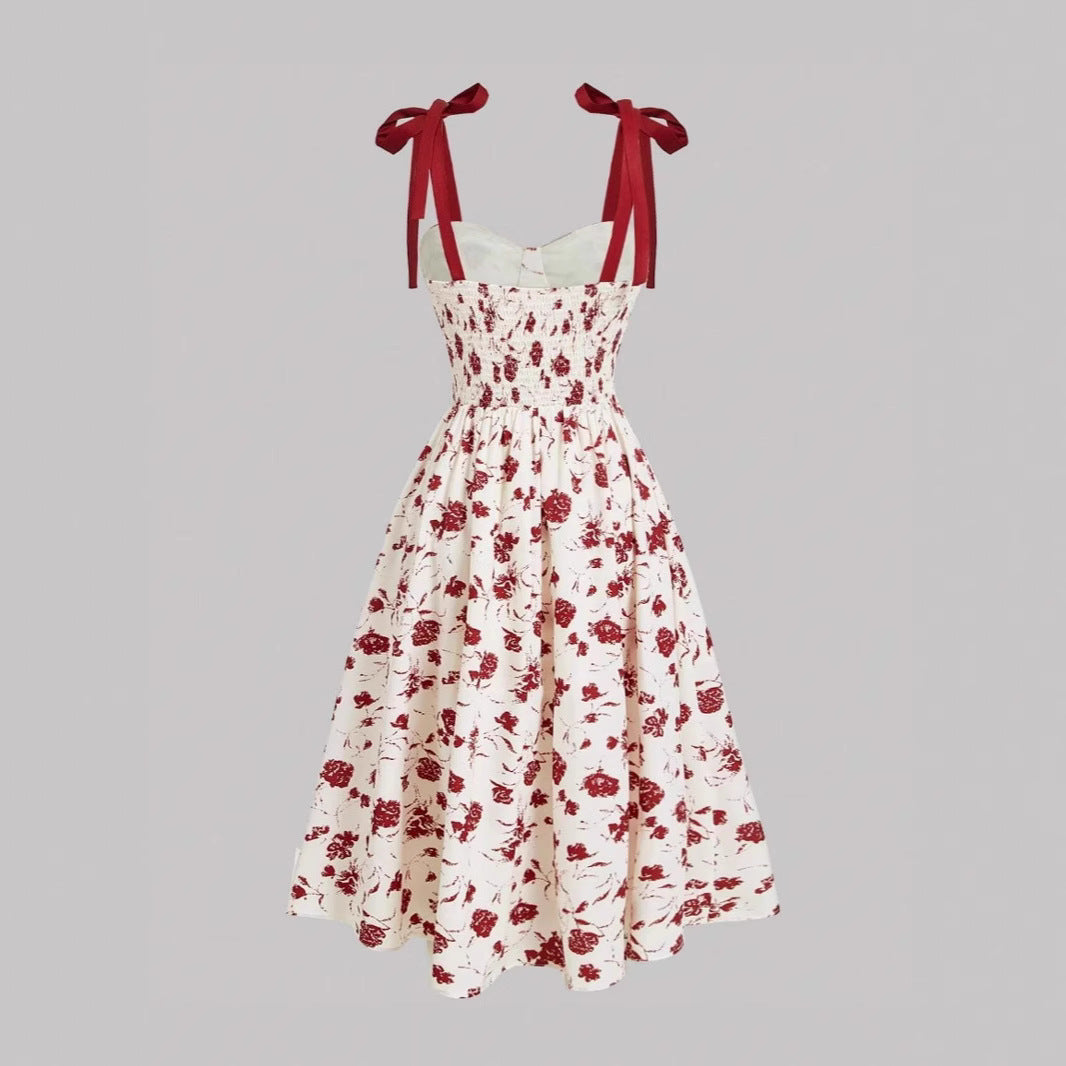 Elegant Lace-Up Shoulder With Floral Print Waist-Cinching Design Vacation-Ready Chic Casual Slip Dress