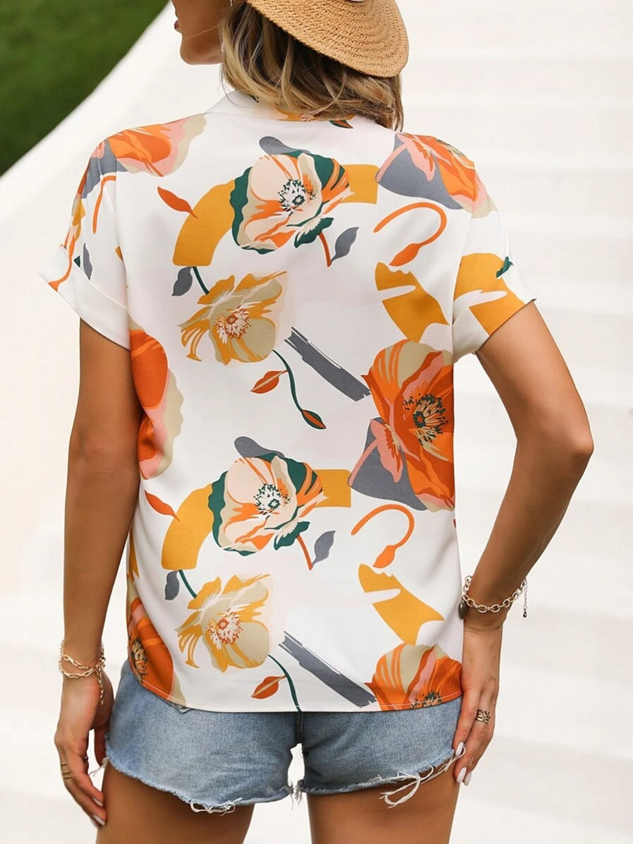 Women's Summer V-neck Flower Fashion Short Sleeve Shirt Top