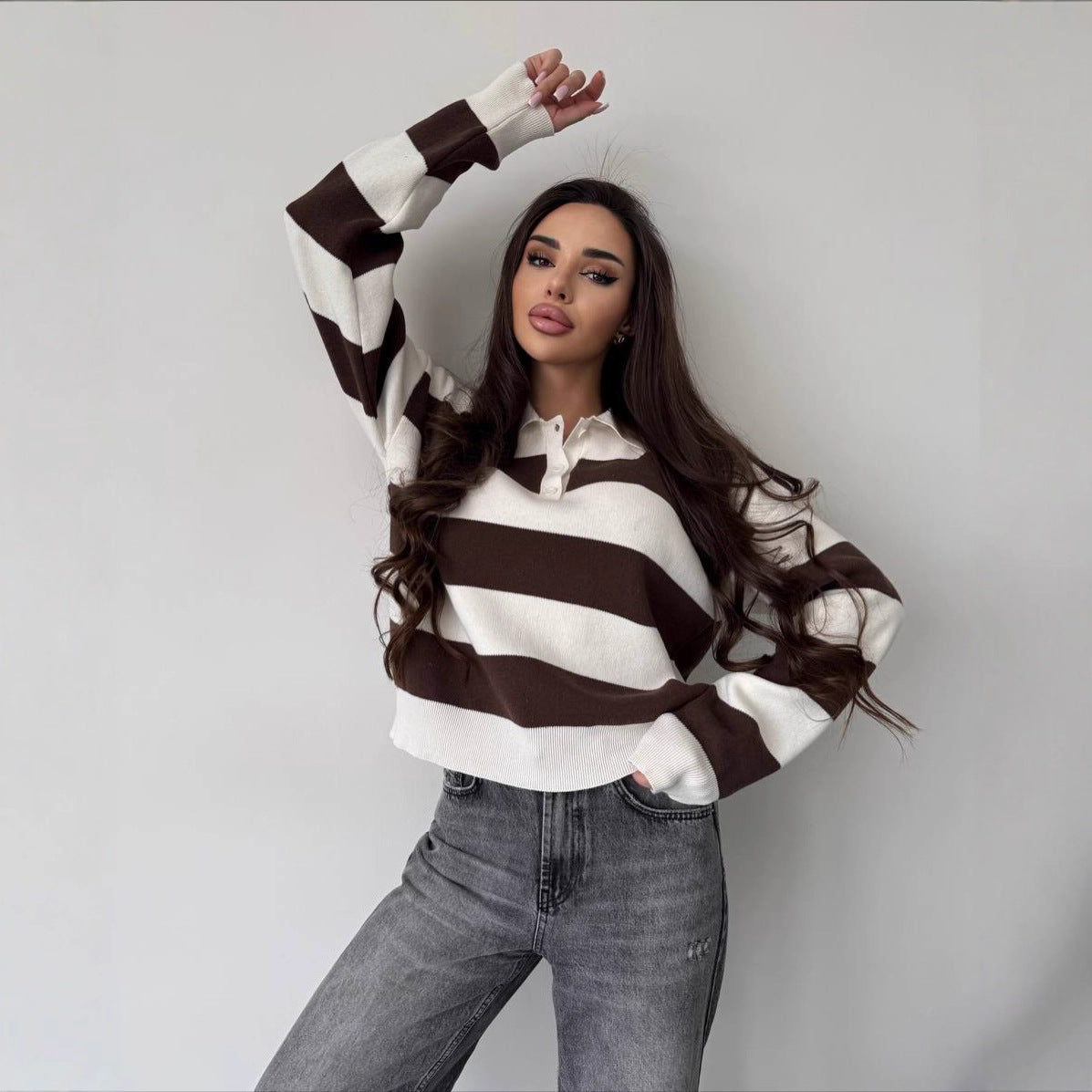 Lapel Half-zip Sweater Loose-fit Knit Top