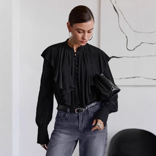 Paladsstil Drapperet Flæsetop Elegant Løs Sort Dametøj