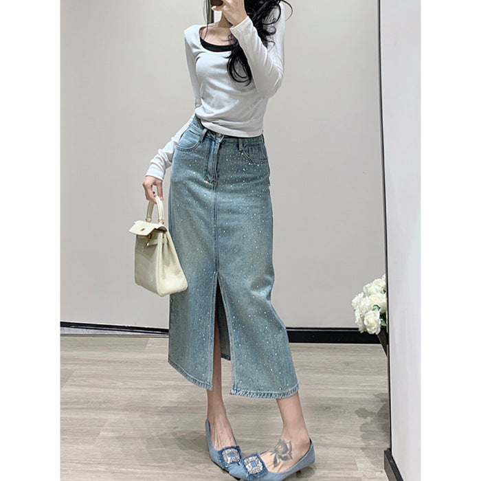 Dame minimalistisk varmstemplings denimnederdel med elastik