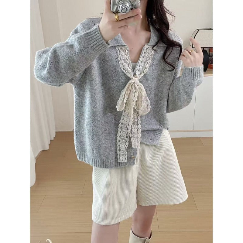 Lapel Knitwear Lace Lace-up Women's Sweater