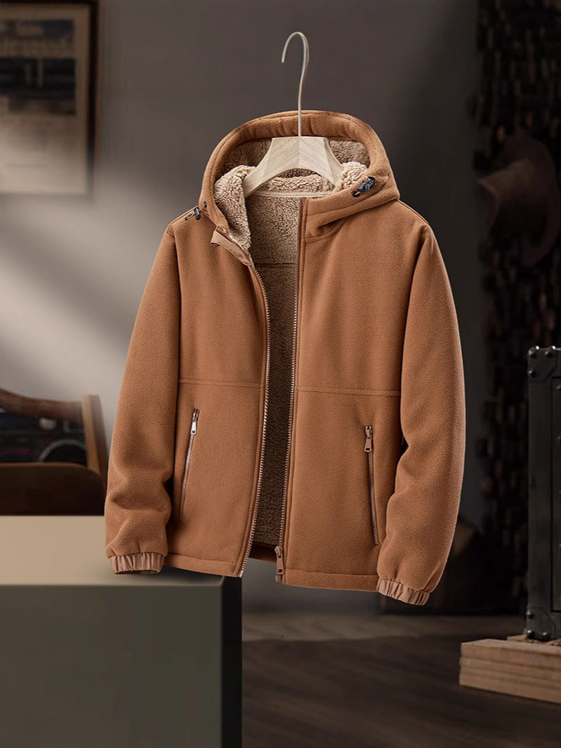 Men's Fleece Casual Hooded Lamb Wool Thickened Warm Cardigan Coat