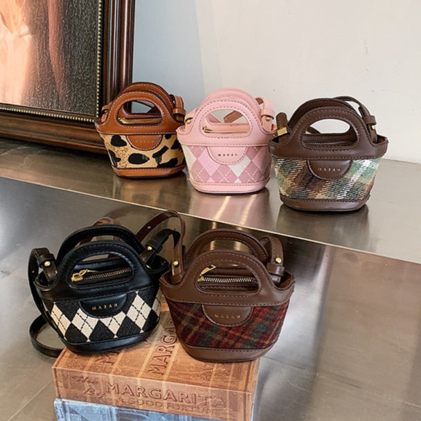 Koreansk-inspireret patchwork mode plaid mini mulepose skuldertaske