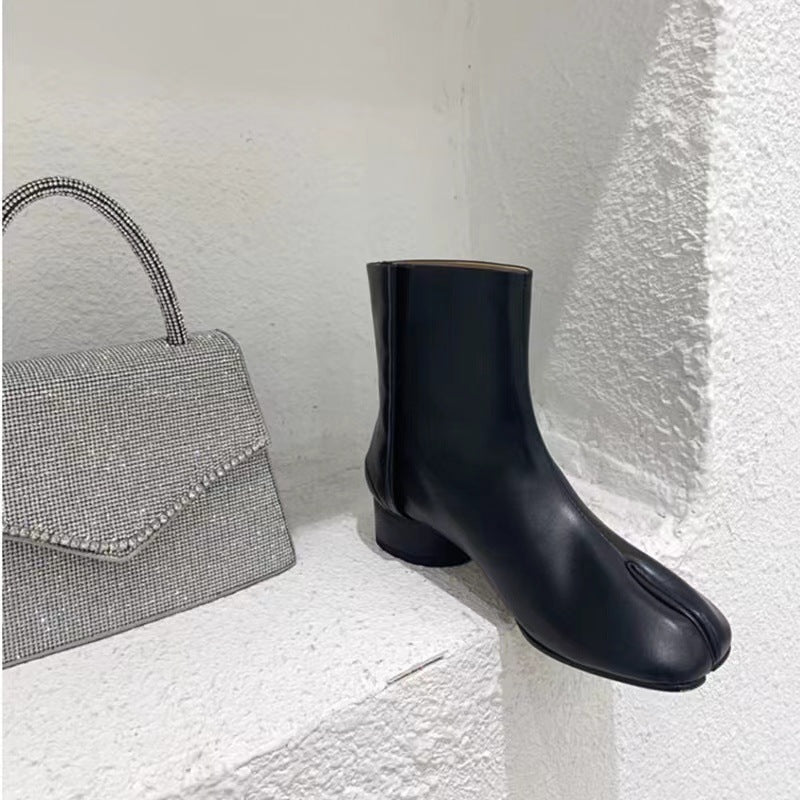 Split-toe Shoes Female Mid Heel Authentic Leather Chunky Heel Middle Boots