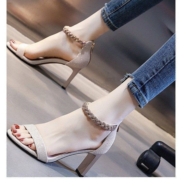 Women's Rhinestone Minimalist Thick Heeled Sandals