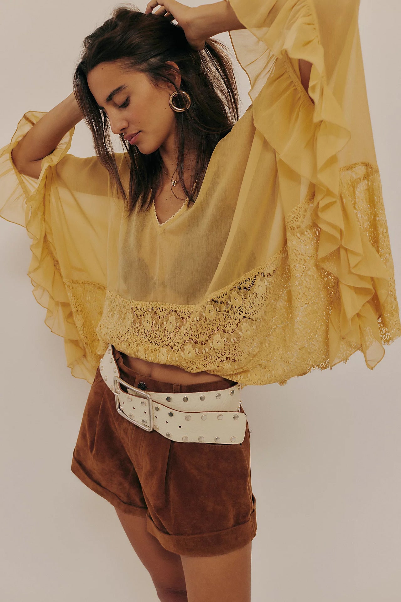 Womens Mesh Blouse With Batwing Sleeves Loose-Fit Beach Sun-Protective Top Patchwork Lace Blouse