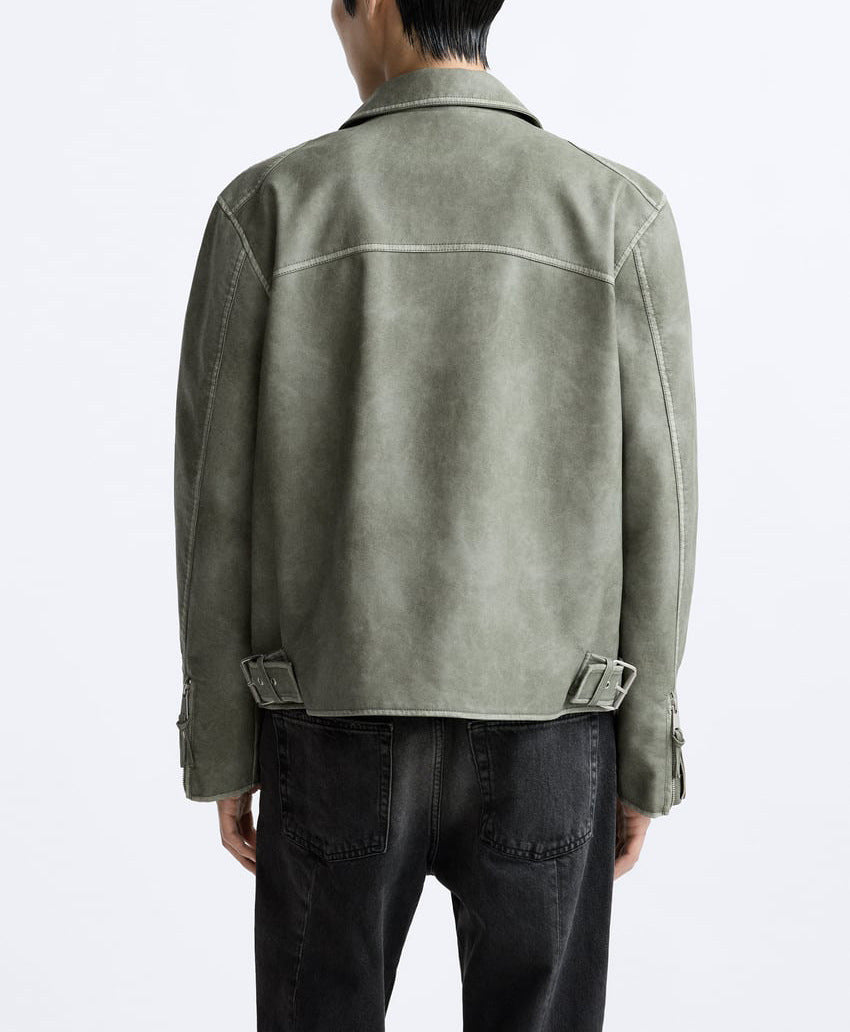New Men's Zipper Distressed Retro Washed Imitation Leather Jacket Coat