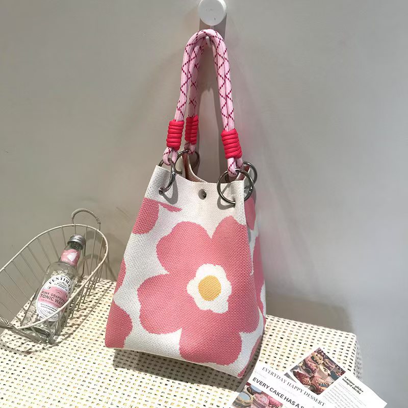 Womens Red Knitted Tote Bag With Magnetic Closure And Large Capacity