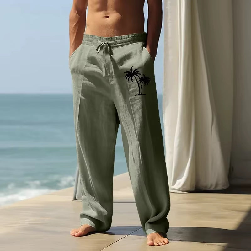 2025 Men'S Coconut Printed Breathable Cotton and Linen Loose Casual Sports Pants