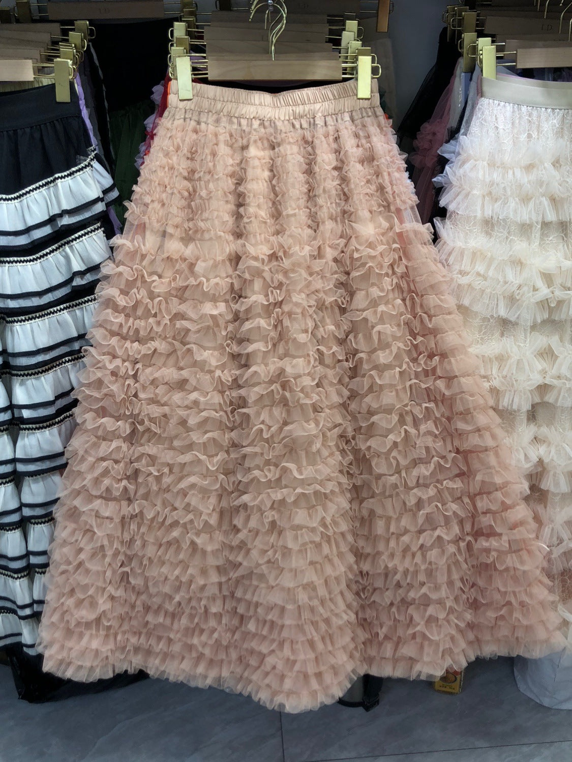 New Colorful Sweet Age-reducing Pleated Solid-color Mesh Midi Puff Skirt