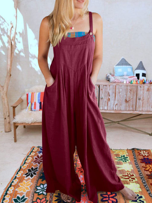 Women's Solid Color Side Pocket Loose Overalls