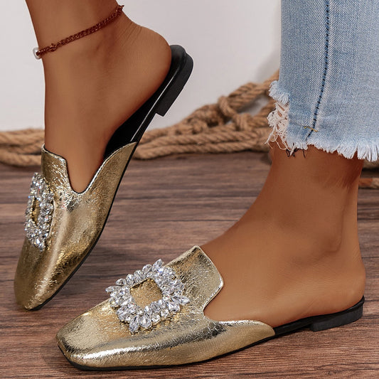 With Skirt Flat Heel Silver Square Toe Rhinestone Semi Slippers
